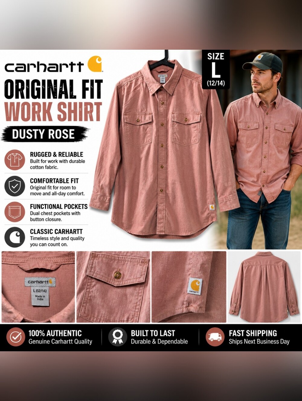 Carhartt Original Fit Work Shirt Dusty Rose Canvas Cotton L (12/14)